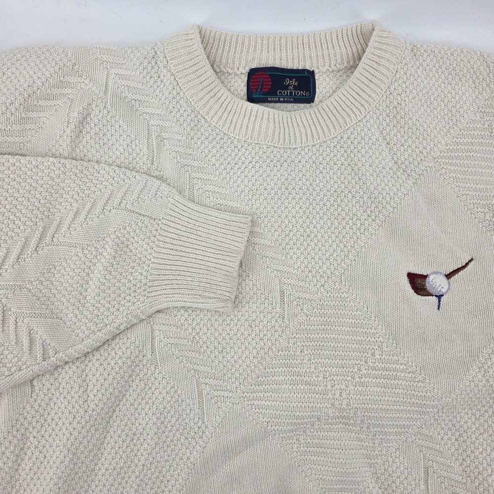 Isle of Cotton Mens LG Cream White Golf Embroidered Crew‎ Neck Sweater Cotton